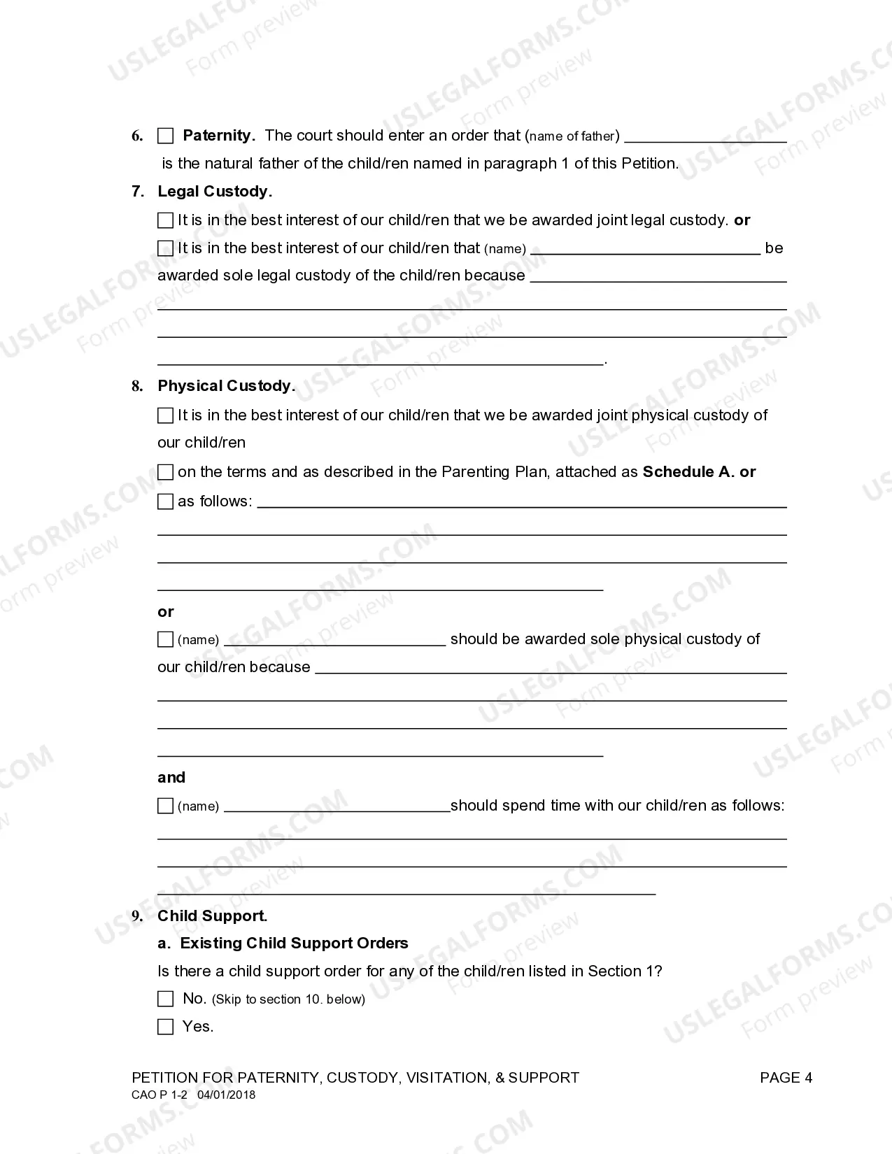 Preview Petition for Paternity, Custody, Visitation and Support