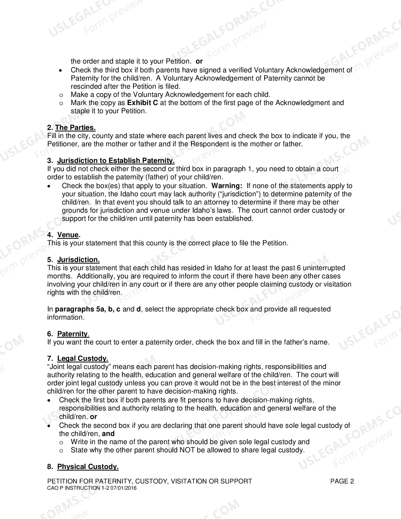 Preview Intructions for Completing a Petition for Paternity, Custody, Visitation and Support