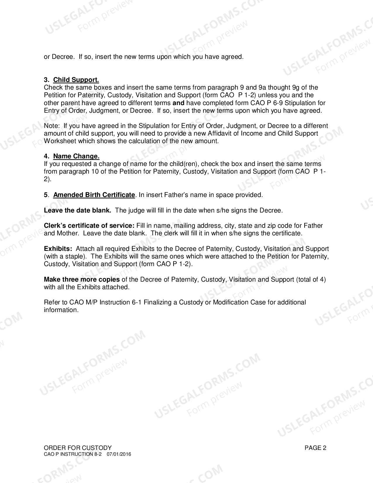 Preview Instructions for Completing Decree of Paternity, Custody, Visitation and Support