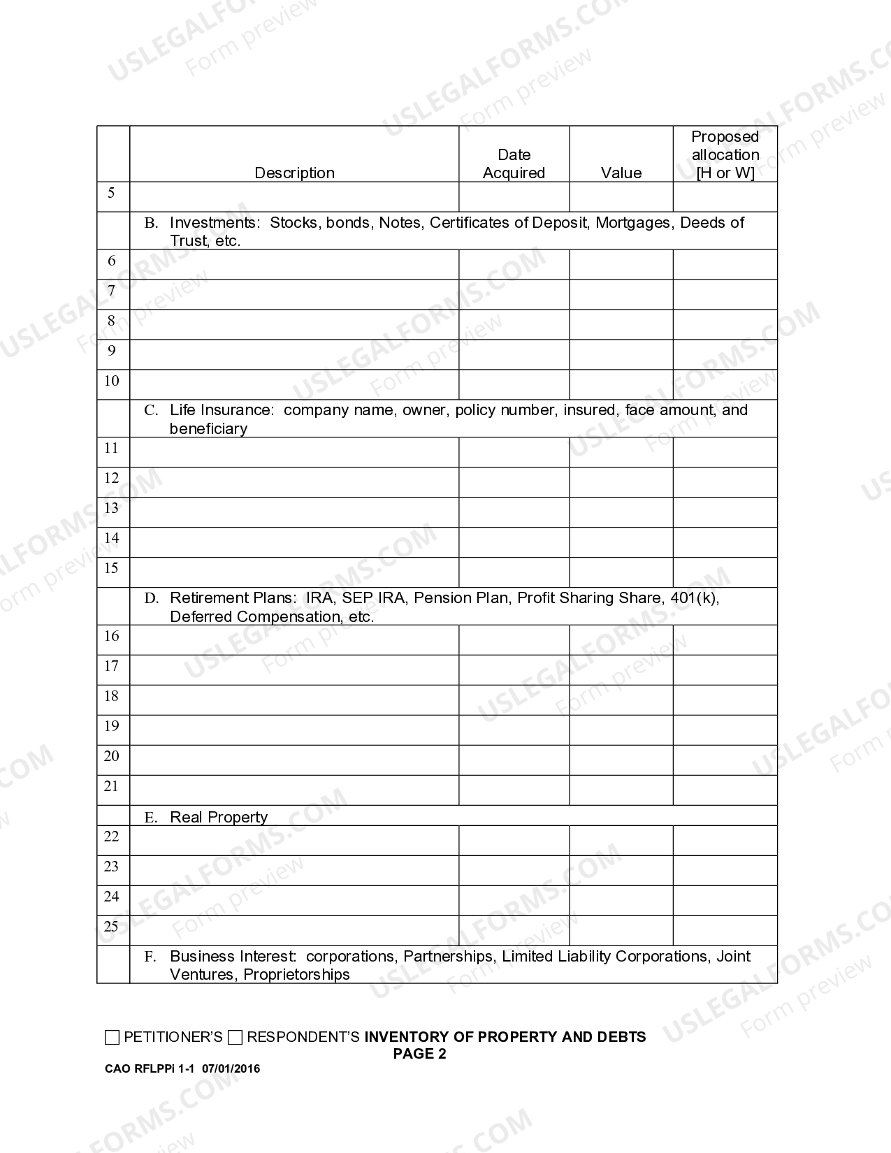 Idaho Inventory of Property and Debts for Divorce US Legal Forms