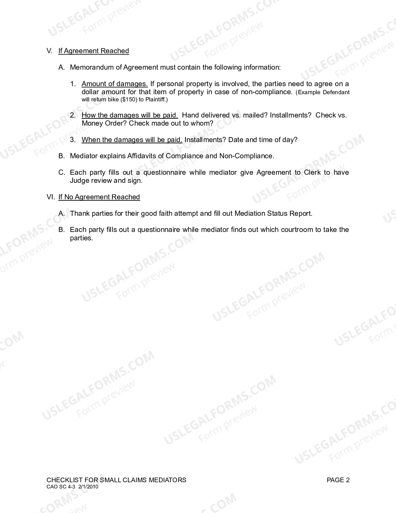 Preview Checklist for Court Mediators - Small Claims