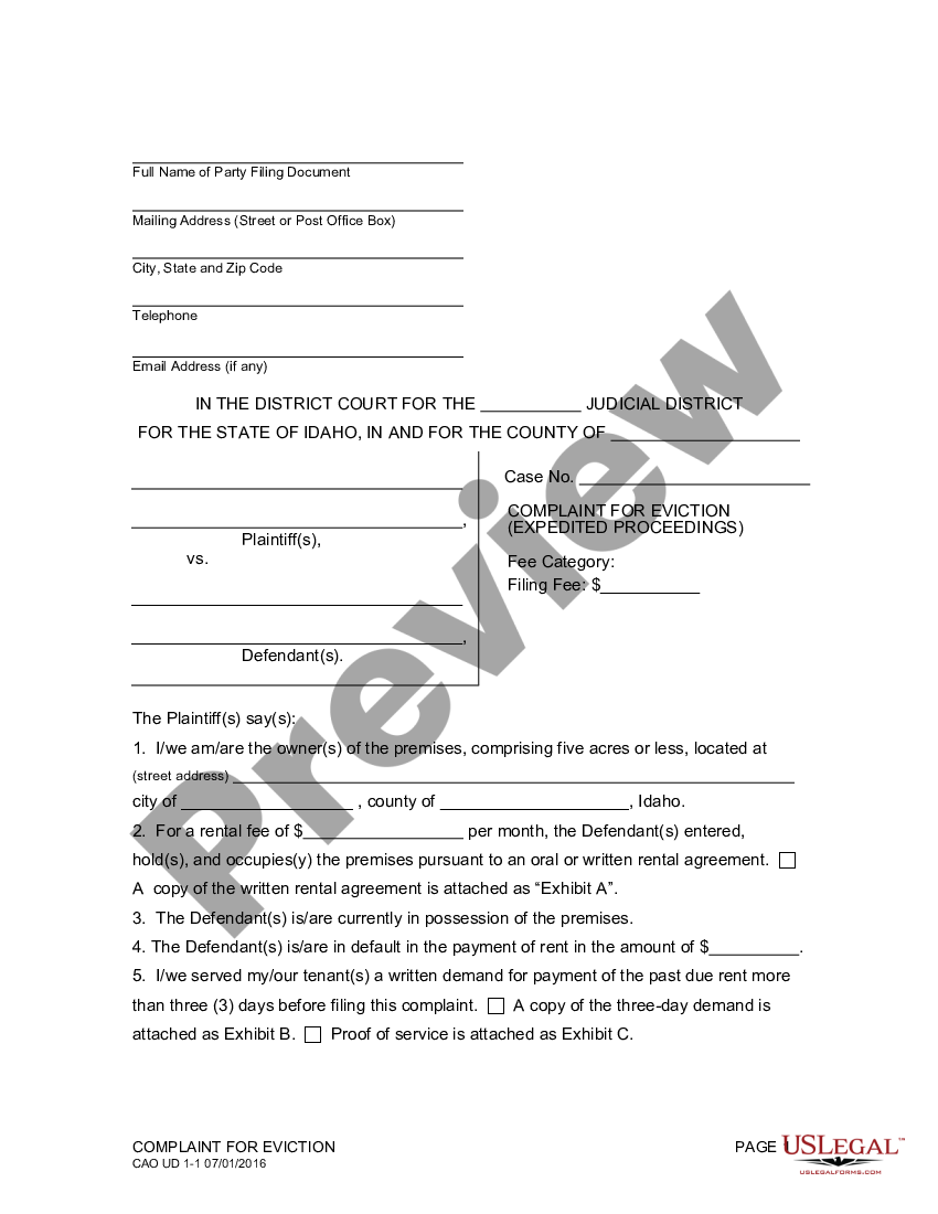 Complaint Eviction Form | US Legal Forms