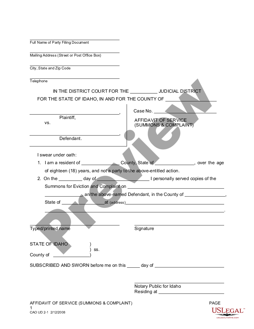 Idaho Affidavit Of Service Of Summons And Complaint For Eviction Us Legal Forms 4982