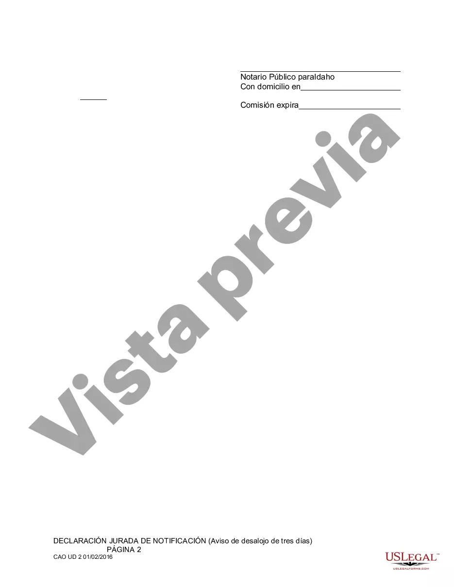 Preview Declaración jurada de entrega de aviso de 3 días para pagar el alquiler o desalojar el local