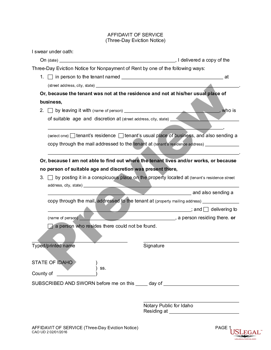 page 0 Affidavit of Service of 3 Day Notice to Pay Rent or Vacate Premises preview