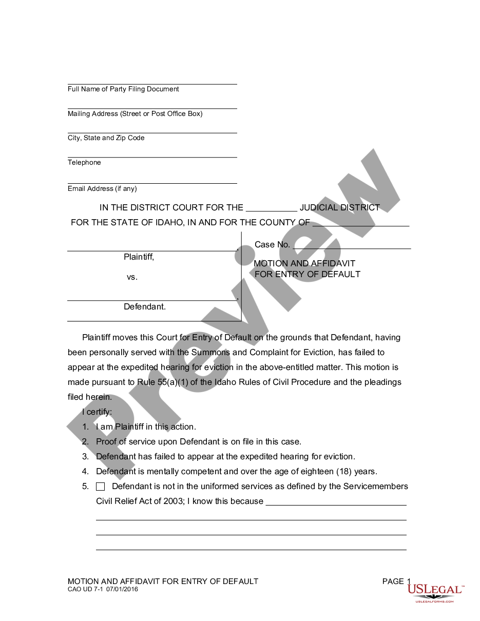 page 0 Motion and Affidavit for Entry of Default preview