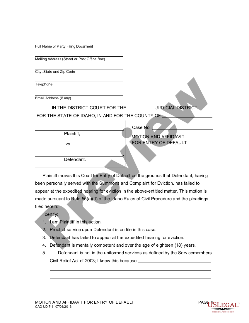 Nampa Idaho Motion And Affidavit For Entry Of Default Idaho Motion And Affidavite For Entry Of 0527