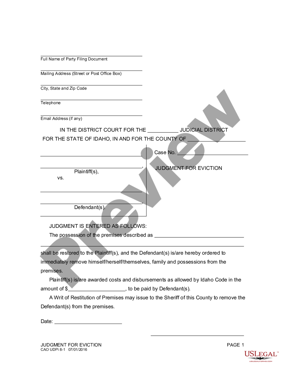 page 0 Judgment and Order for Eviction preview