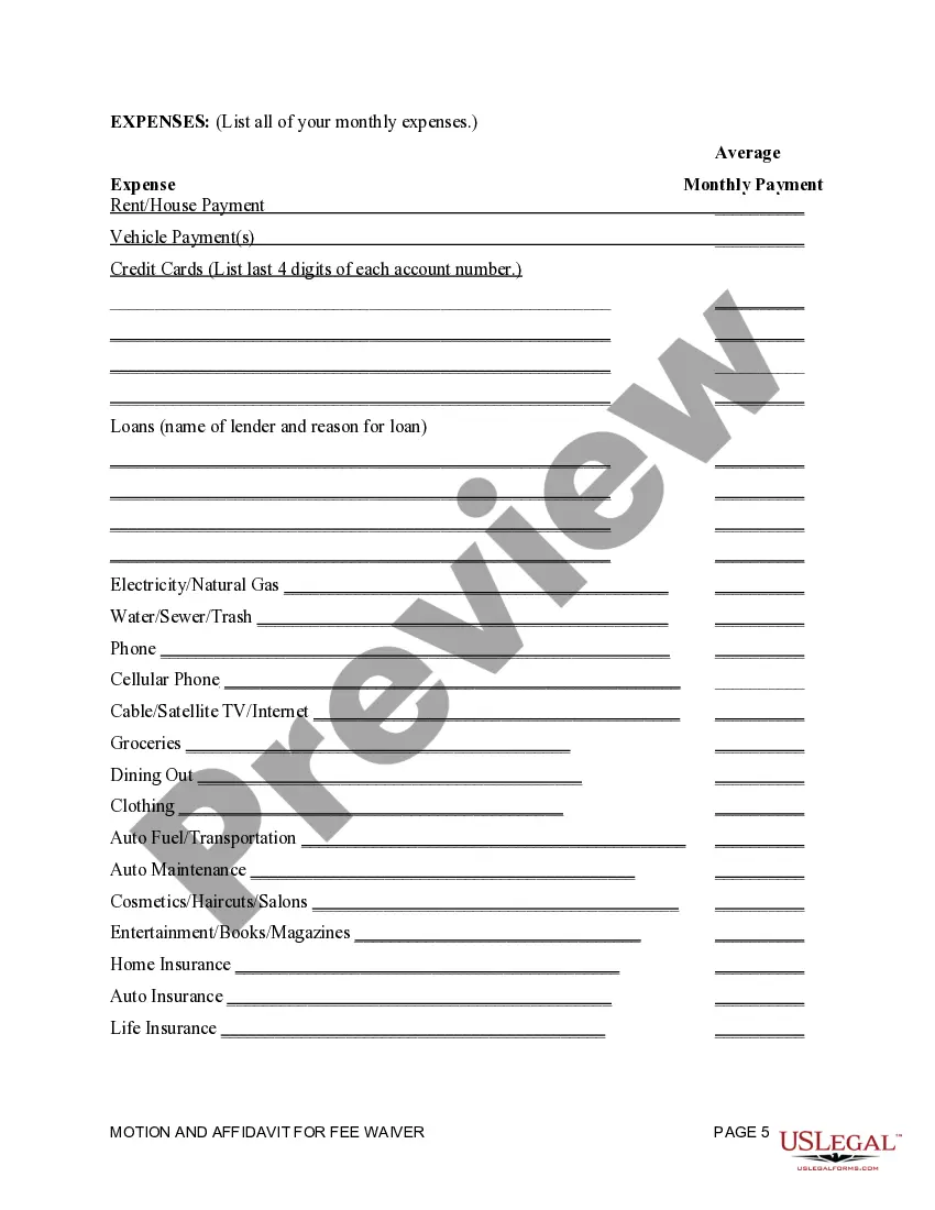Preview Motion and Affidavit for Fee Waiver