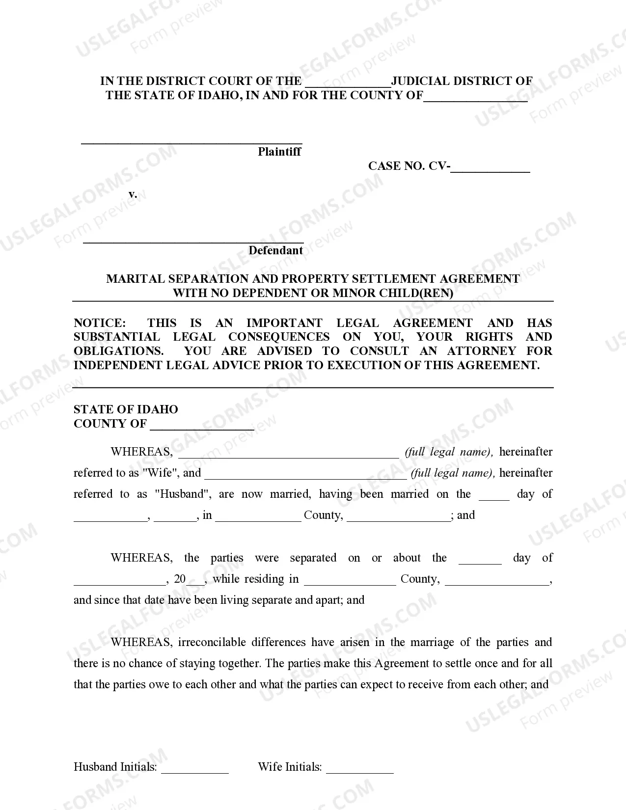 Preview Marital Legal Separation and Property Settlement Agreement for persons with No Children, No Joint Property or Debts where Divorce Action Filed