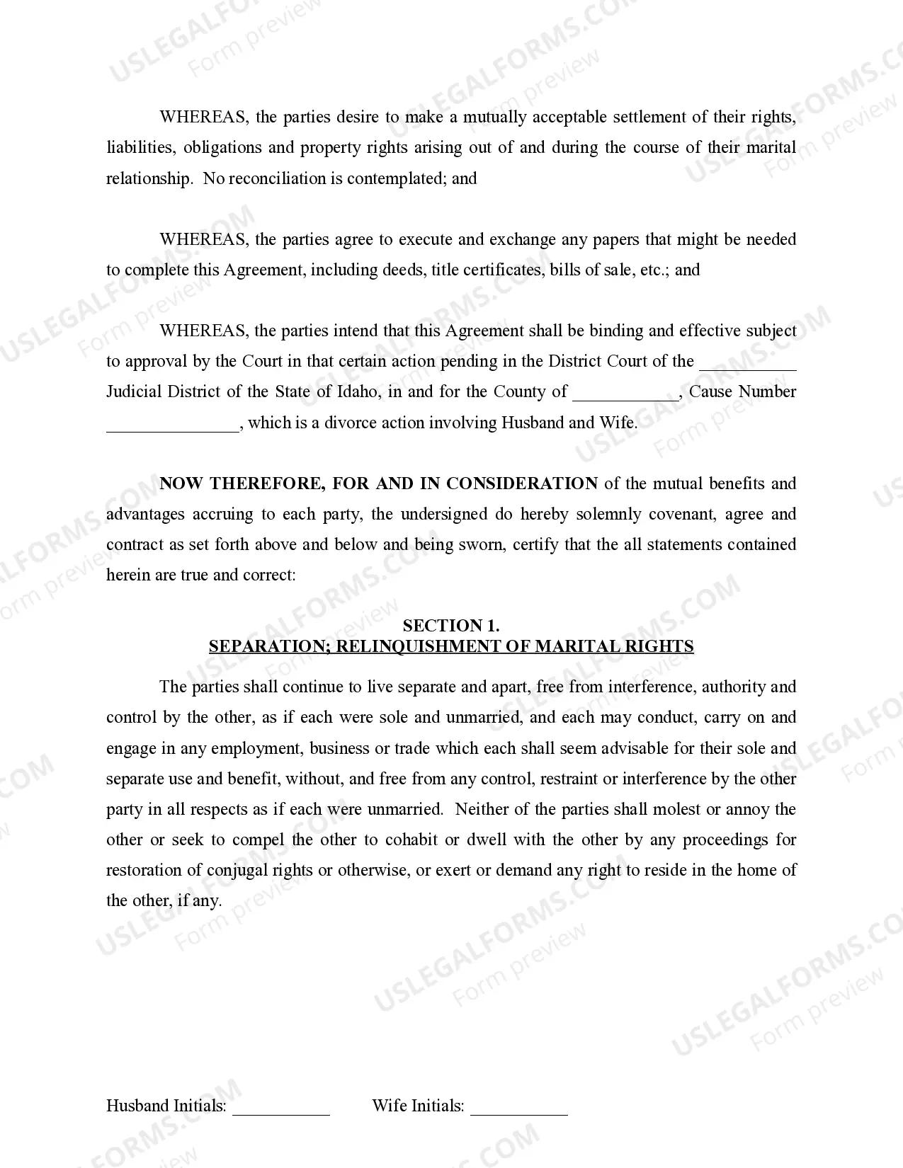 Preview Marital Legal Separation and Property Settlement Agreement for persons with No Children, No Joint Property or Debts where Divorce Action Filed