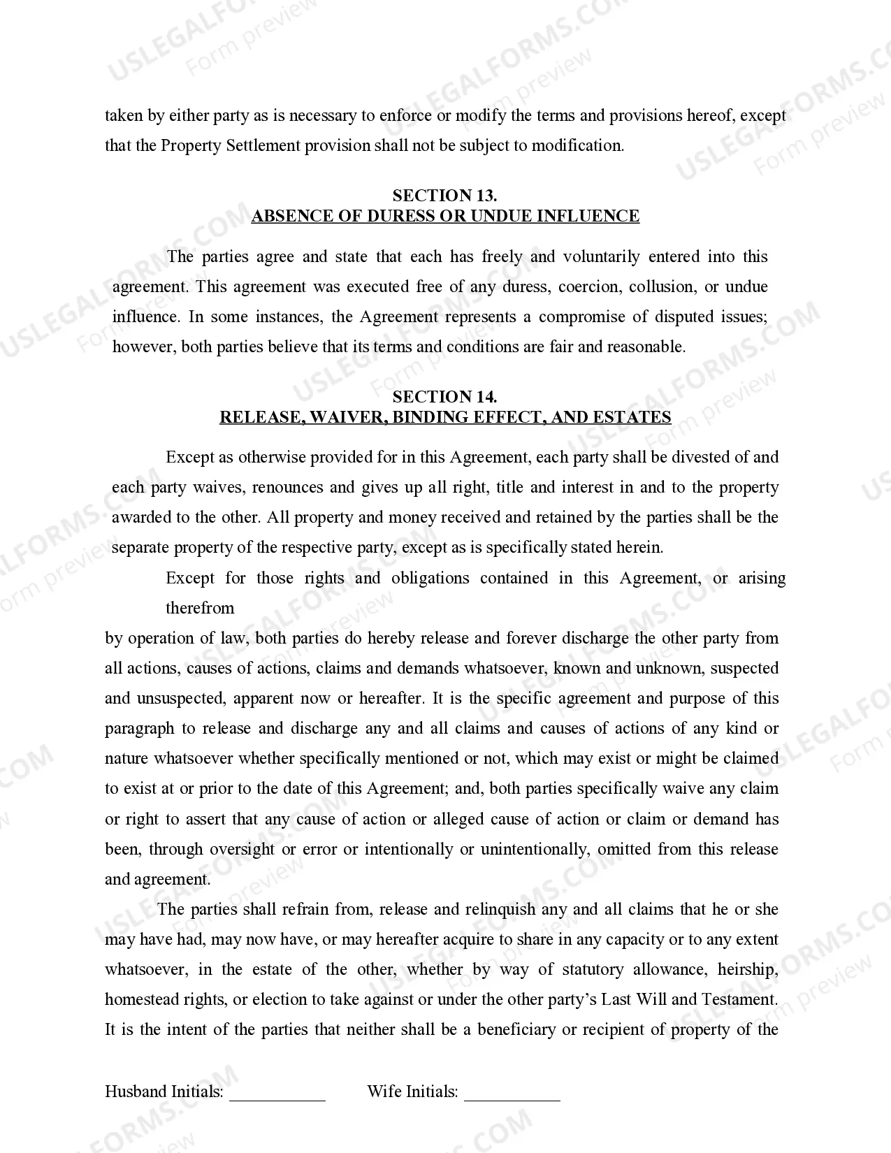 Preview Marital Legal Separation and Property Settlement Agreement for persons with No Children, No Joint Property or Debts where Divorce Action Filed