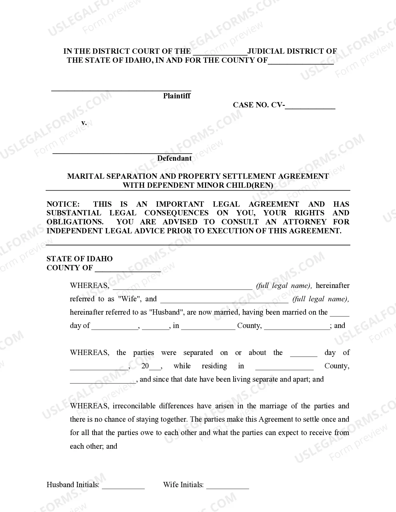 Preview Marital Legal Separation and Property Settlement Agreement Minor Children no Joint Property or Debts where Divorce Action Filed