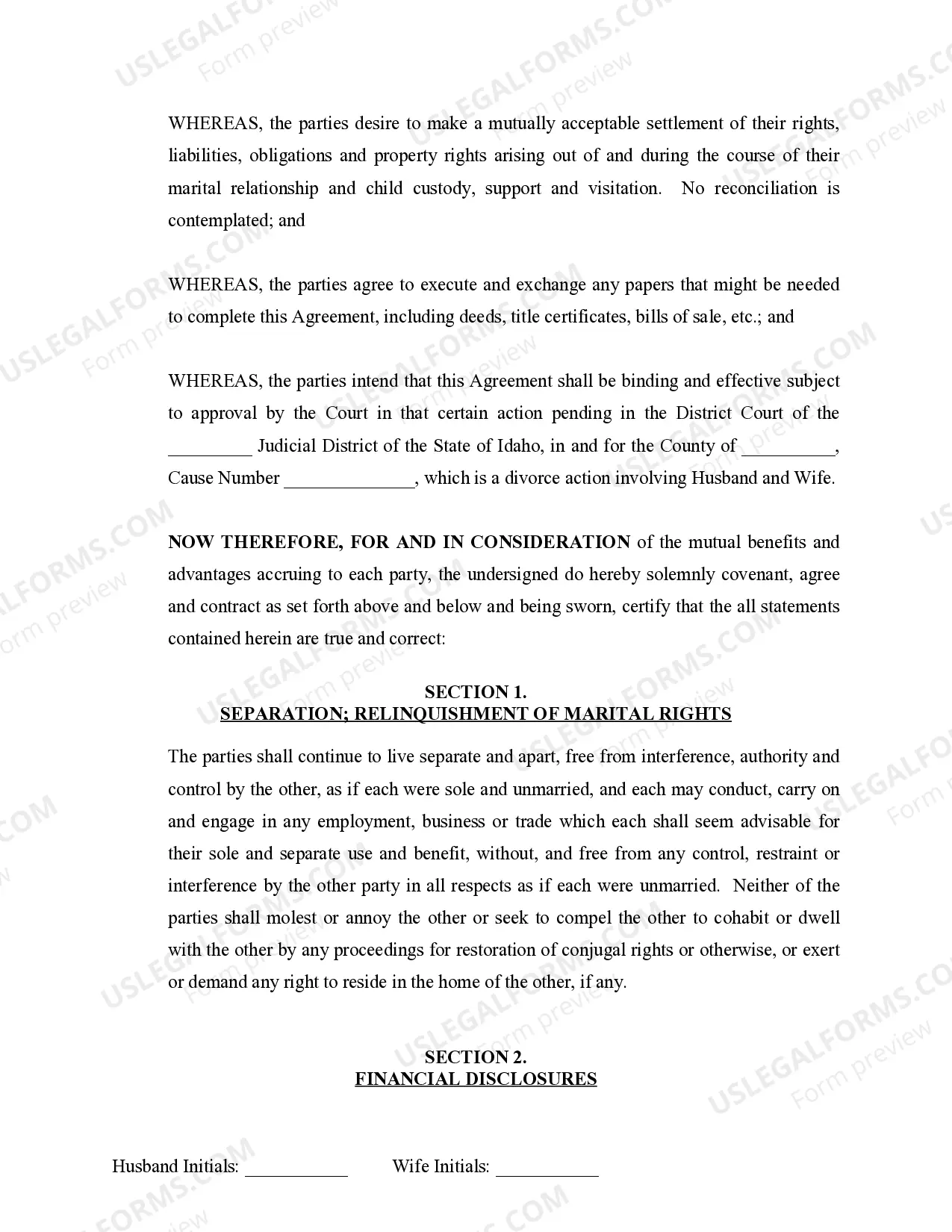 Preview Marital Legal Separation and Property Settlement Agreement Minor Children no Joint Property or Debts where Divorce Action Filed