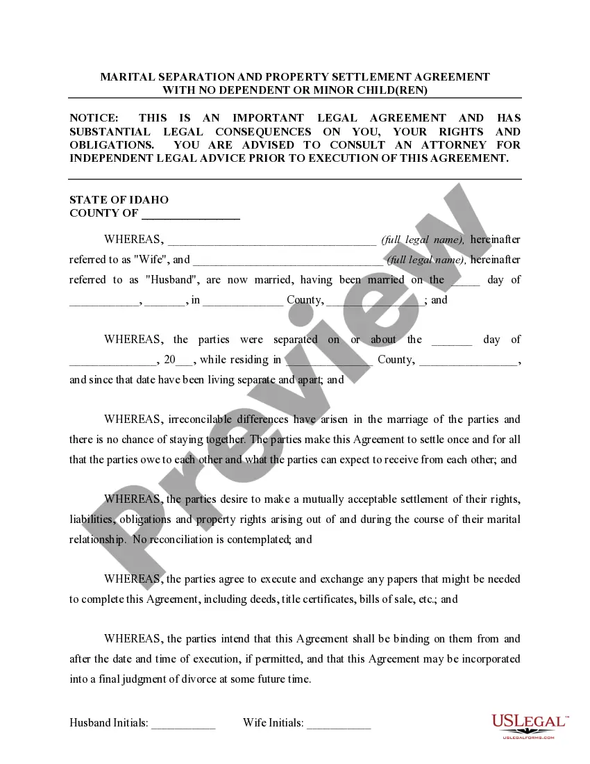 Preview Marital Legal Separation and Property Settlement Agreement for persons with no Children, no Joint Property, or Debts Effective Immediately