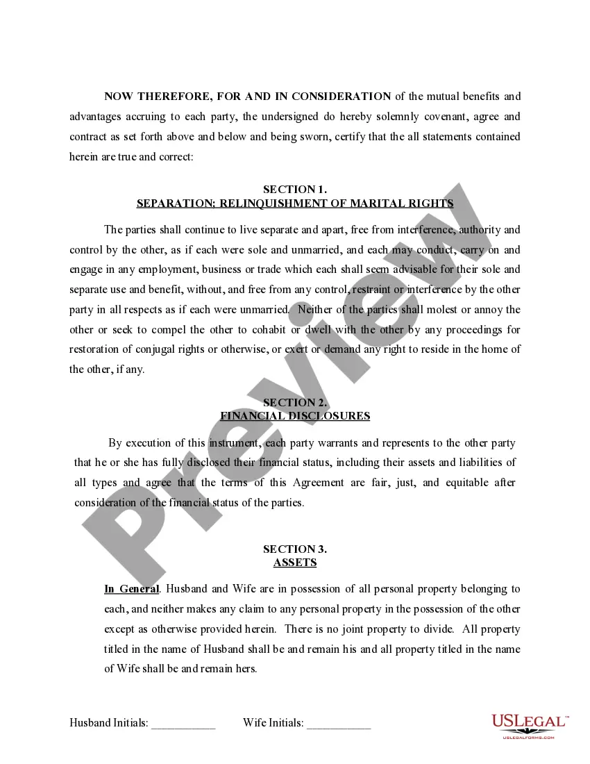 Preview Marital Legal Separation and Property Settlement Agreement for persons with no Children, no Joint Property, or Debts Effective Immediately