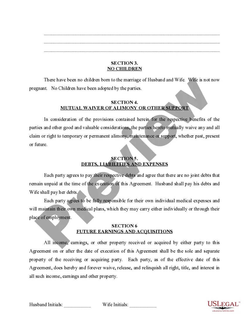 Preview Marital Legal Separation and Property Settlement Agreement for persons with no Children, no Joint Property, or Debts Effective Immediately