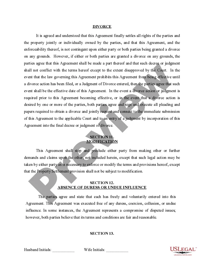 Preview Marital Legal Separation and Property Settlement Agreement for persons with no Children, no Joint Property, or Debts Effective Immediately