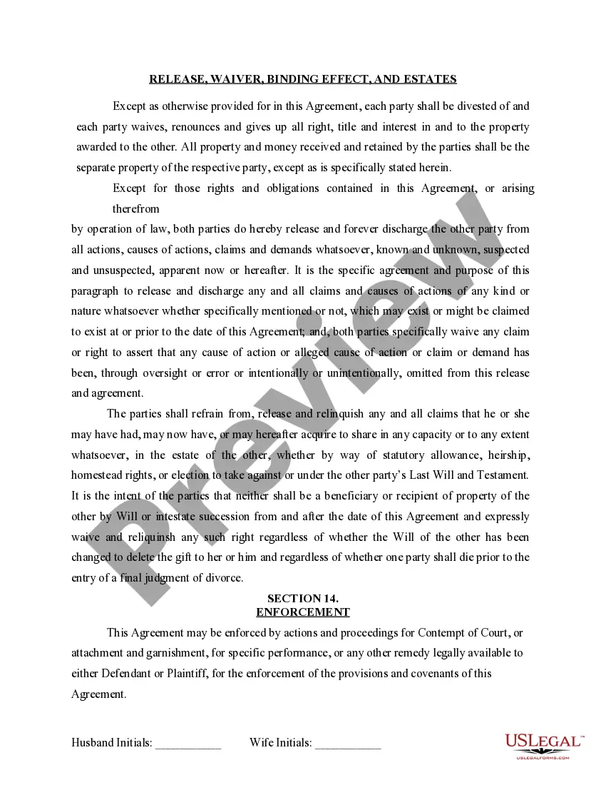 Preview Marital Legal Separation and Property Settlement Agreement for persons with no Children, no Joint Property, or Debts Effective Immediately