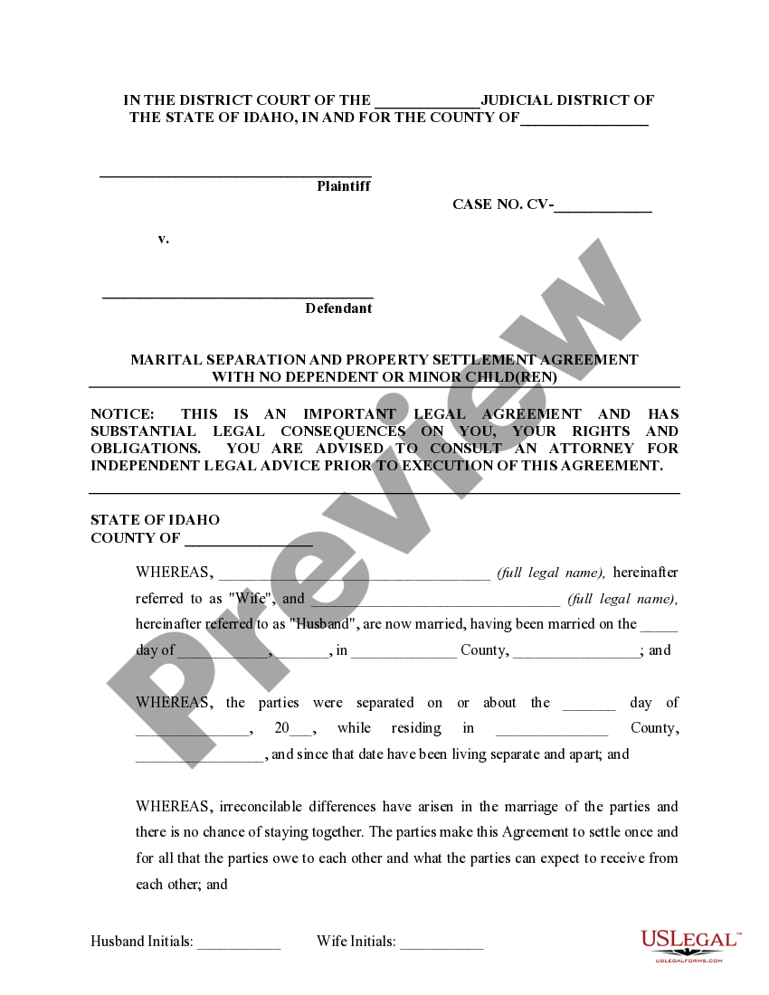 Idaho Marital Legal Separation and Property Settlement Agreement no