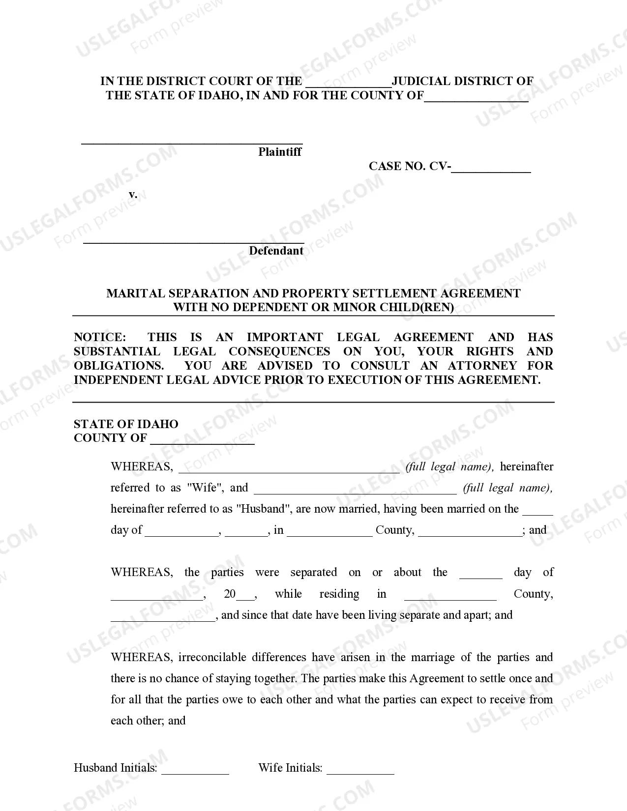 Preview Marital Legal Separation and Property Settlement Agreement no Children parties may have Joint Property or Debts where Divorce Action Filed