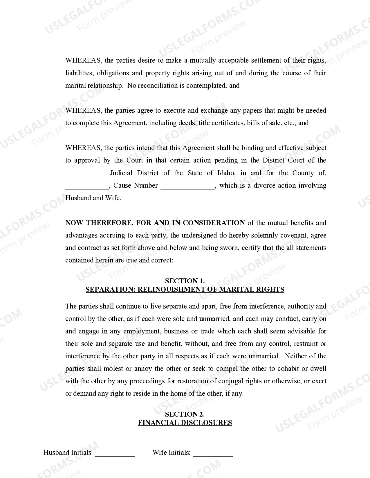 Preview Marital Legal Separation and Property Settlement Agreement no Children parties may have Joint Property or Debts where Divorce Action Filed