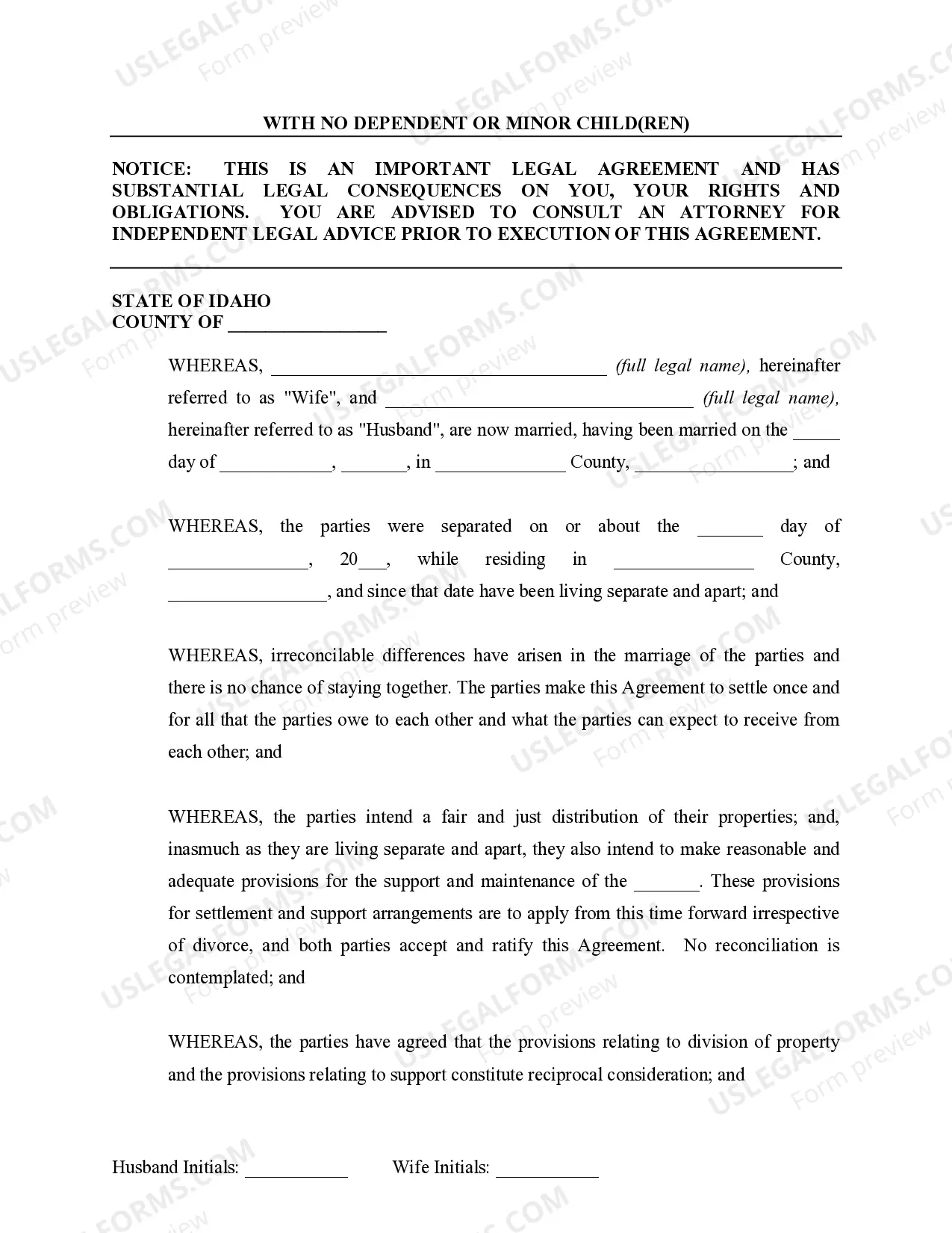 Preview Marital Legal Separation and Property Settlement Agreement no Children parties may have Joint Property or Debts Effective Immediately