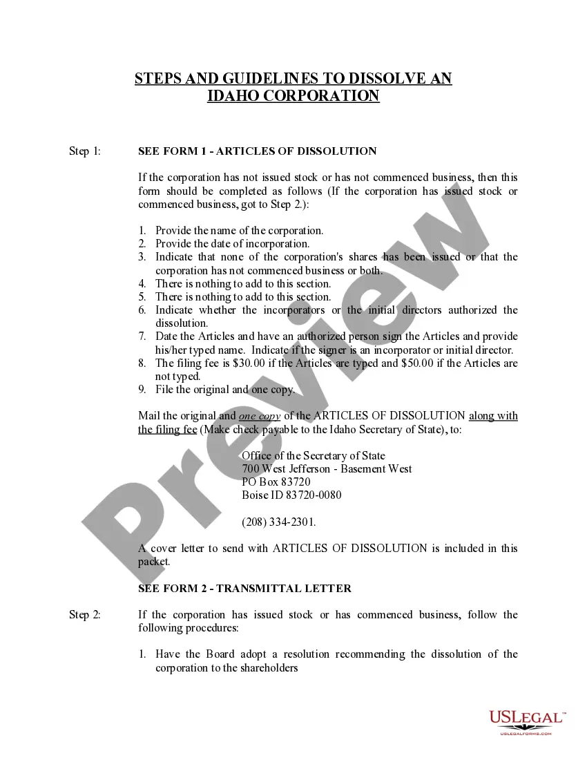 Get Idaho Dissolution Package to Dissolve Corporation Preview Idaho Dissolution Package to Dissolve Corporation