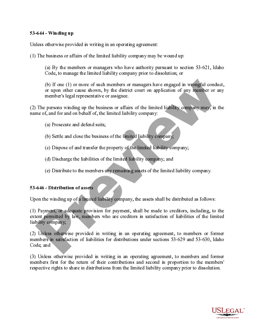Get Idaho Dissolution Package to Dissolve Limited Liability Company LLC Preview Idaho Dissolution Package to Dissolve Limited Liability Company LLC