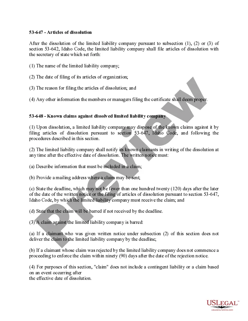 Get Idaho Dissolution Package to Dissolve Limited Liability Company LLC Preview Idaho Dissolution Package to Dissolve Limited Liability Company LLC