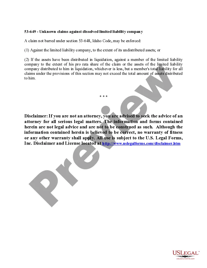 Get Idaho Dissolution Package to Dissolve Limited Liability Company LLC Preview Idaho Dissolution Package to Dissolve Limited Liability Company LLC