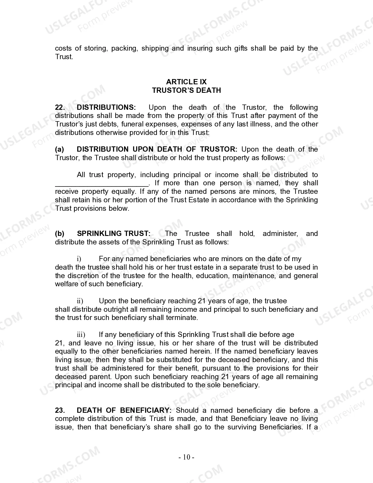 Preview Living Trust for Individual Who is Single, Divorced or Widow or Widower with No Children