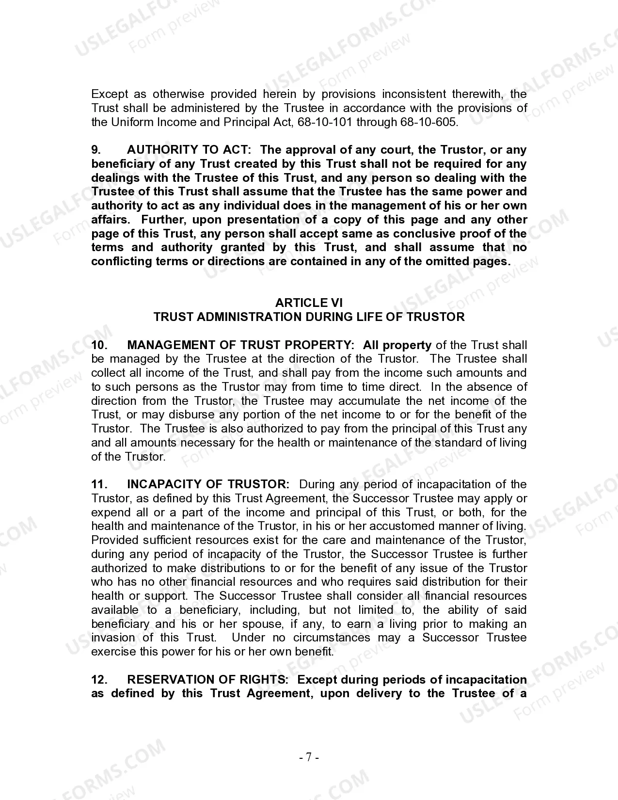 Preview Living Trust for Individual Who is Single, Divorced or Widow or Widower with No Children