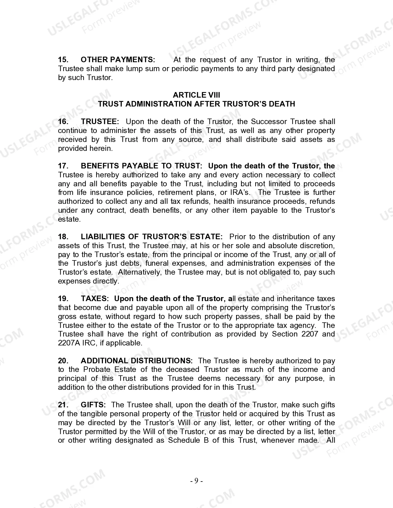 Preview Living Trust for Individual Who is Single, Divorced or Widow or Widower with No Children