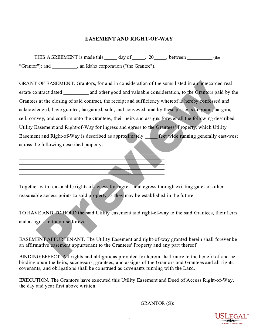 Idaho Easement and Right of Way - Appurtenant Easement | US Legal Forms