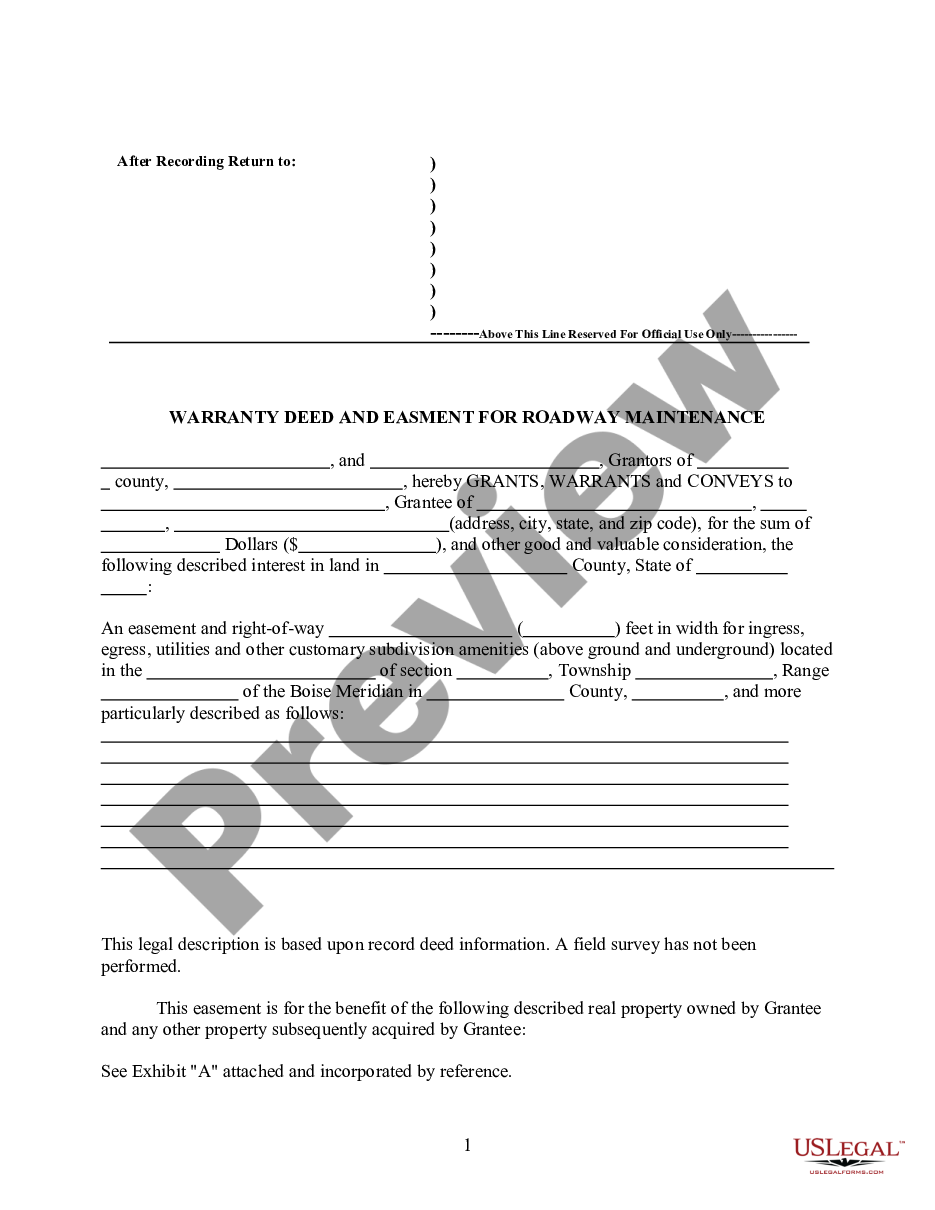 page 0 Warranty Deed and Easement for Roadway Maintenance preview