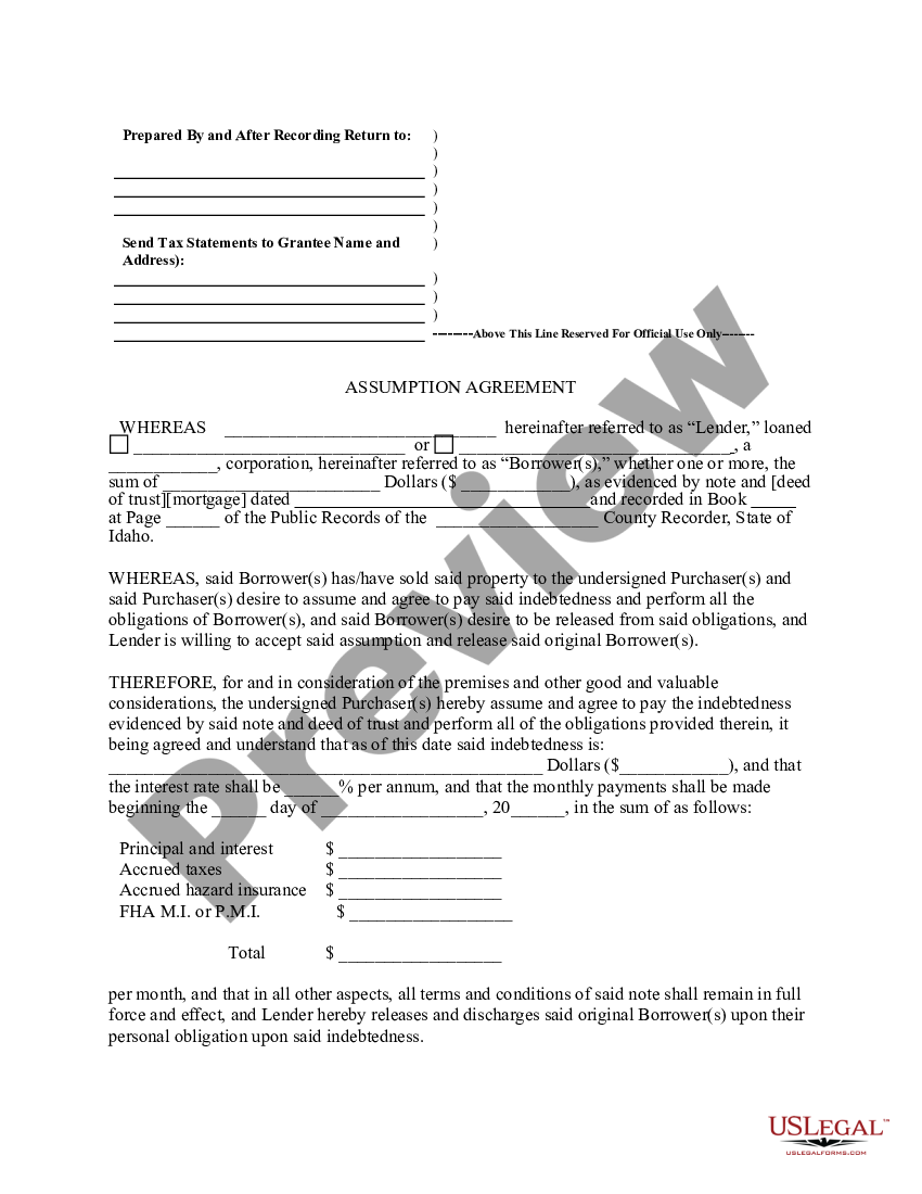 Idaho Assumption Agreement of Deed of Trust and Release of Original ...