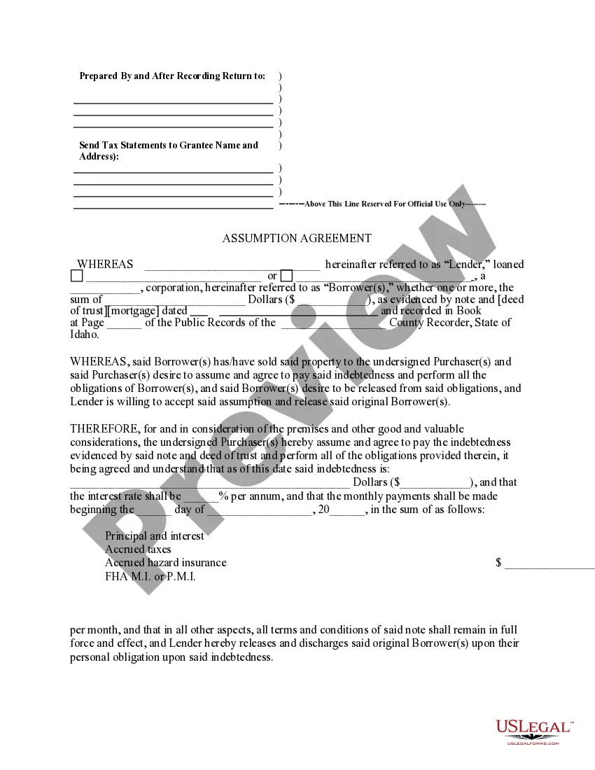 Preview Assumption Agreement of Deed of Trust and Release of Original Mortgagors