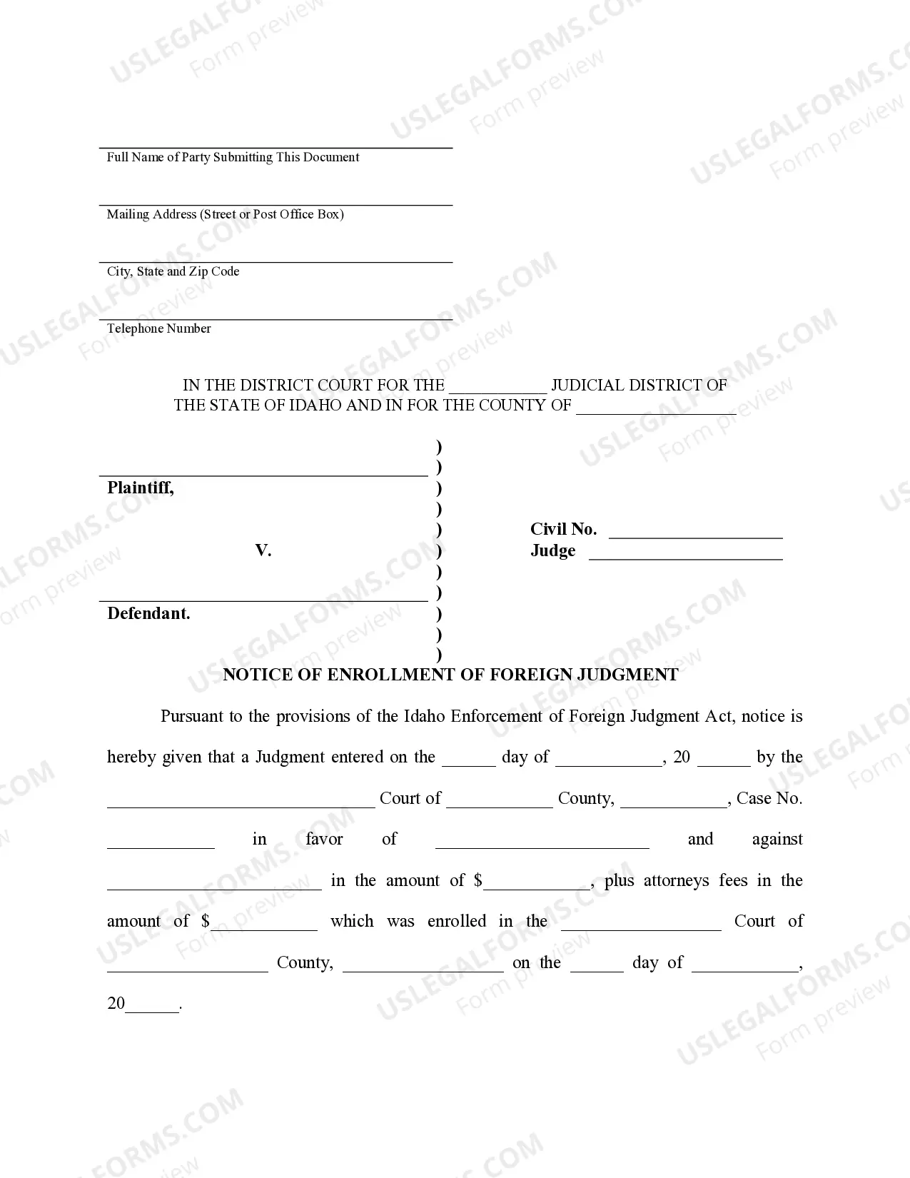 Preview Idaho Foreign Judgment Enrollment