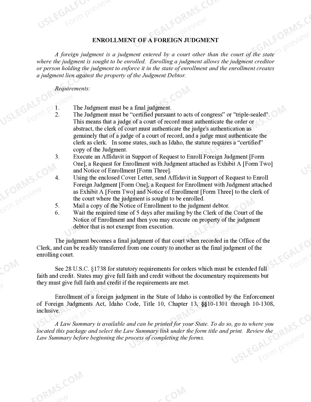 Preview Idaho Foreign Judgment Enrollment