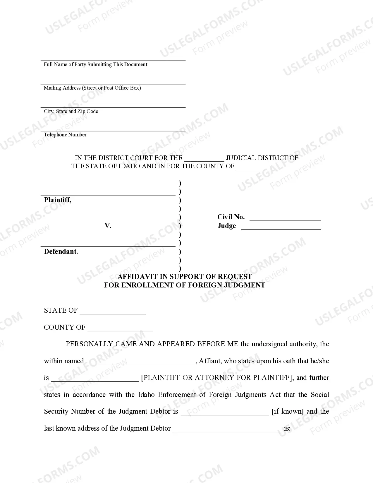 Preview Idaho Foreign Judgment Enrollment