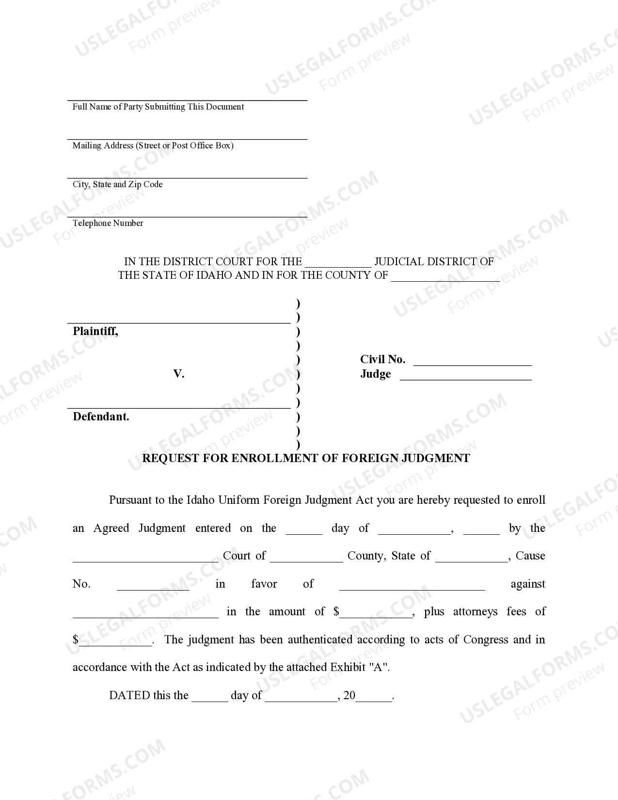 Preview Idaho Foreign Judgment Enrollment