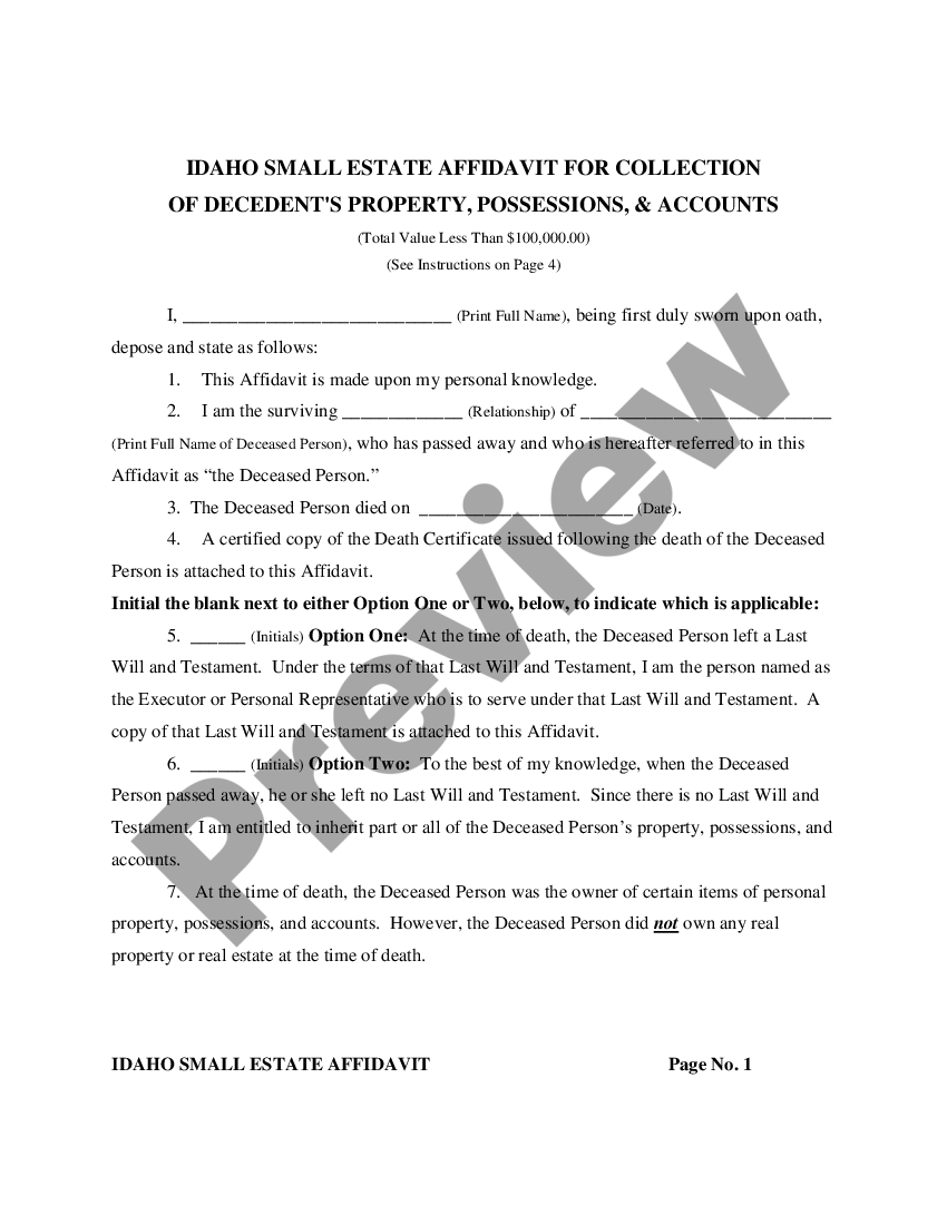 Idaho Small Estate Affidavit for Estates under 100,000 | US Legal Forms