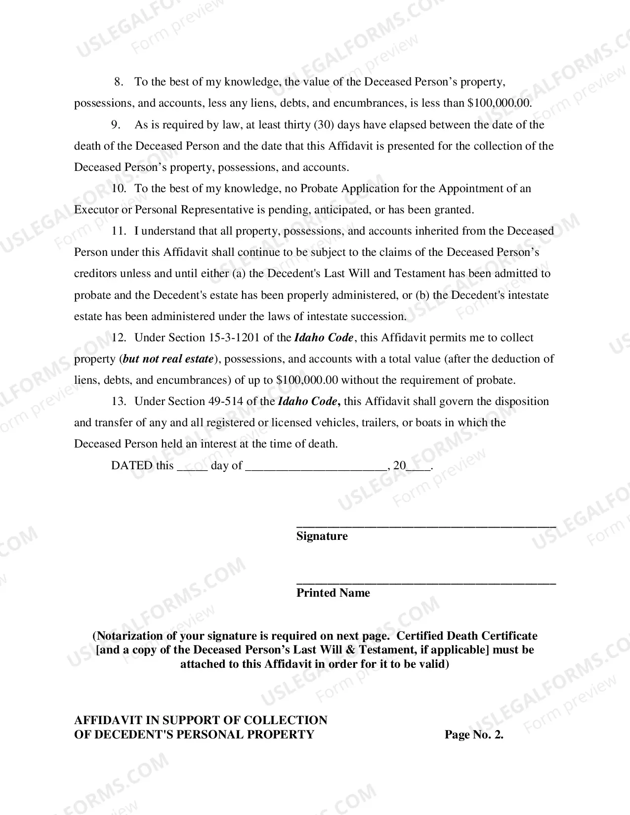 Preview Small Estate Affidavit for Estates under $100,000
