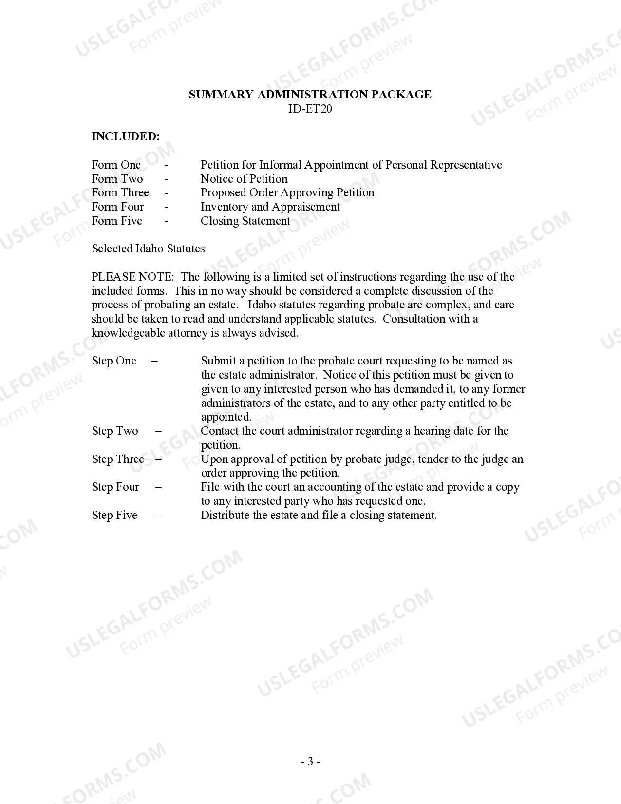 Preview Summary Administration Package for Small Estates