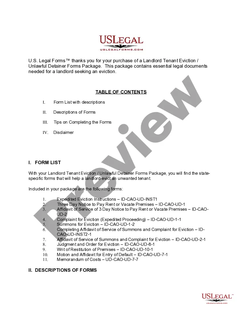 Get Idaho Landlord Tenant Eviction / Unlawful Detainer Forms Package Preview Idaho Landlord Tenant Eviction / Unlawful Detainer Forms Package