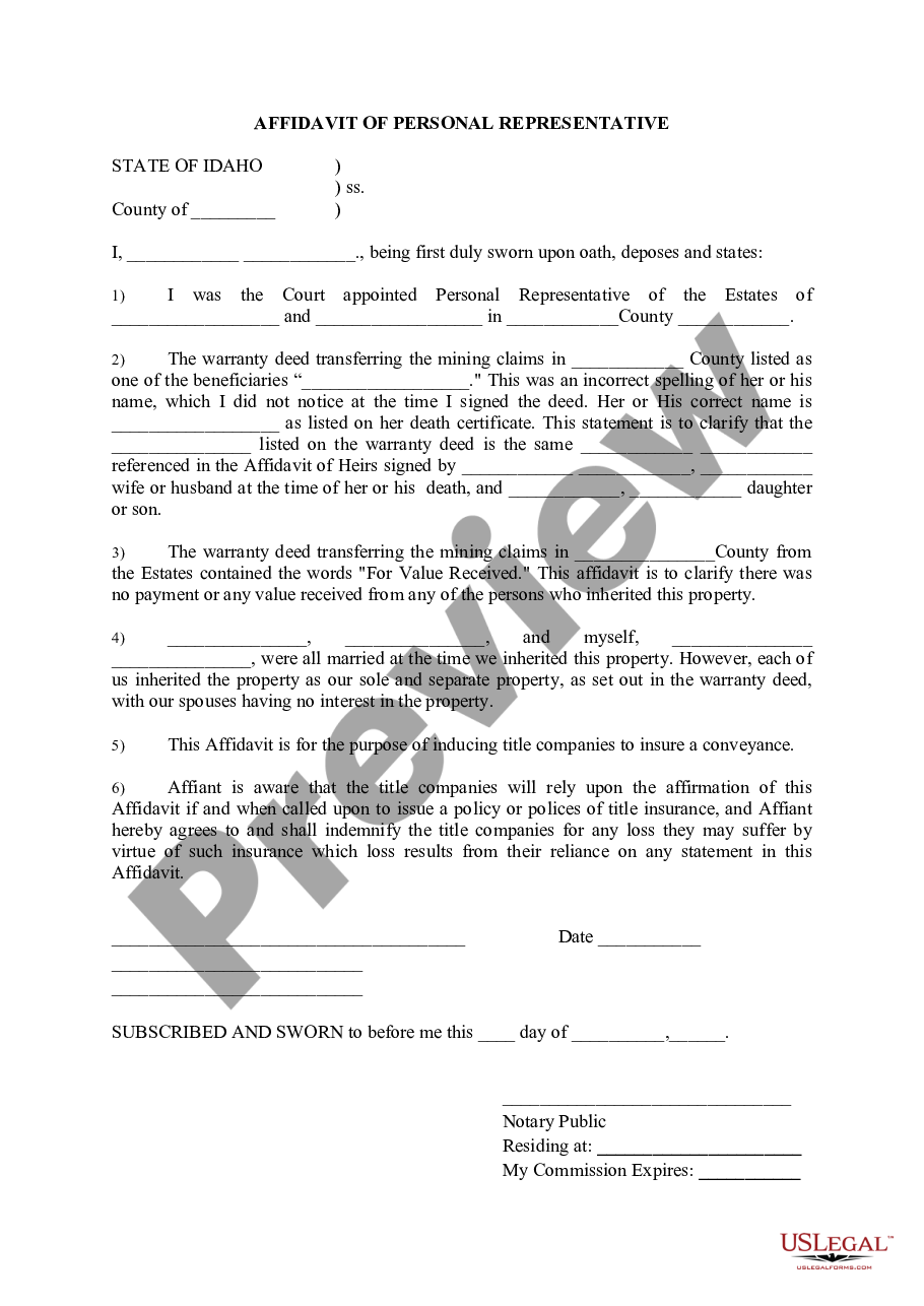 Idaho Affidavit Of Personal Representative Us Legal Forms 8396