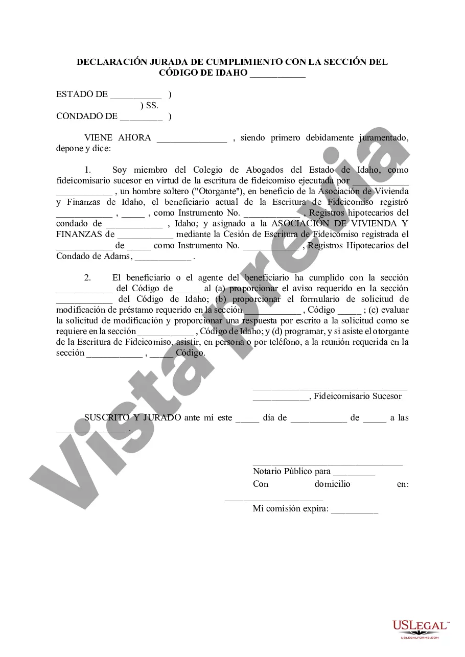 Preview Declaración Jurada de Cumplimiento con la Sección del Código de Idaho