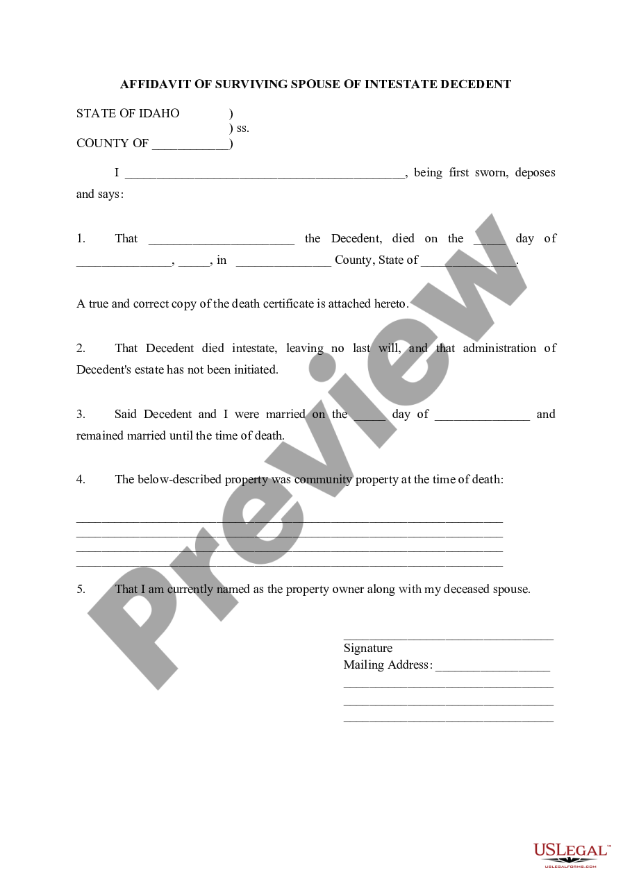Idaho Affidavit Of Surviving Spouse Of Intestate Decedent Us Legal Forms 4914