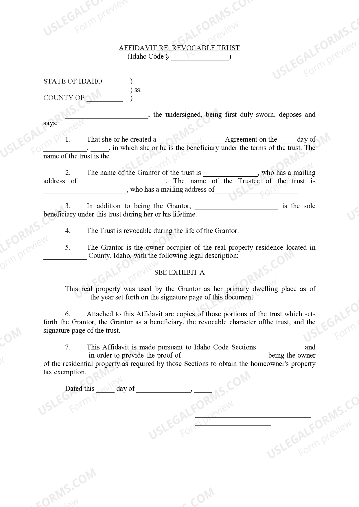 Nampa Idaho Affidavit RE Revocable Trust US Legal Forms